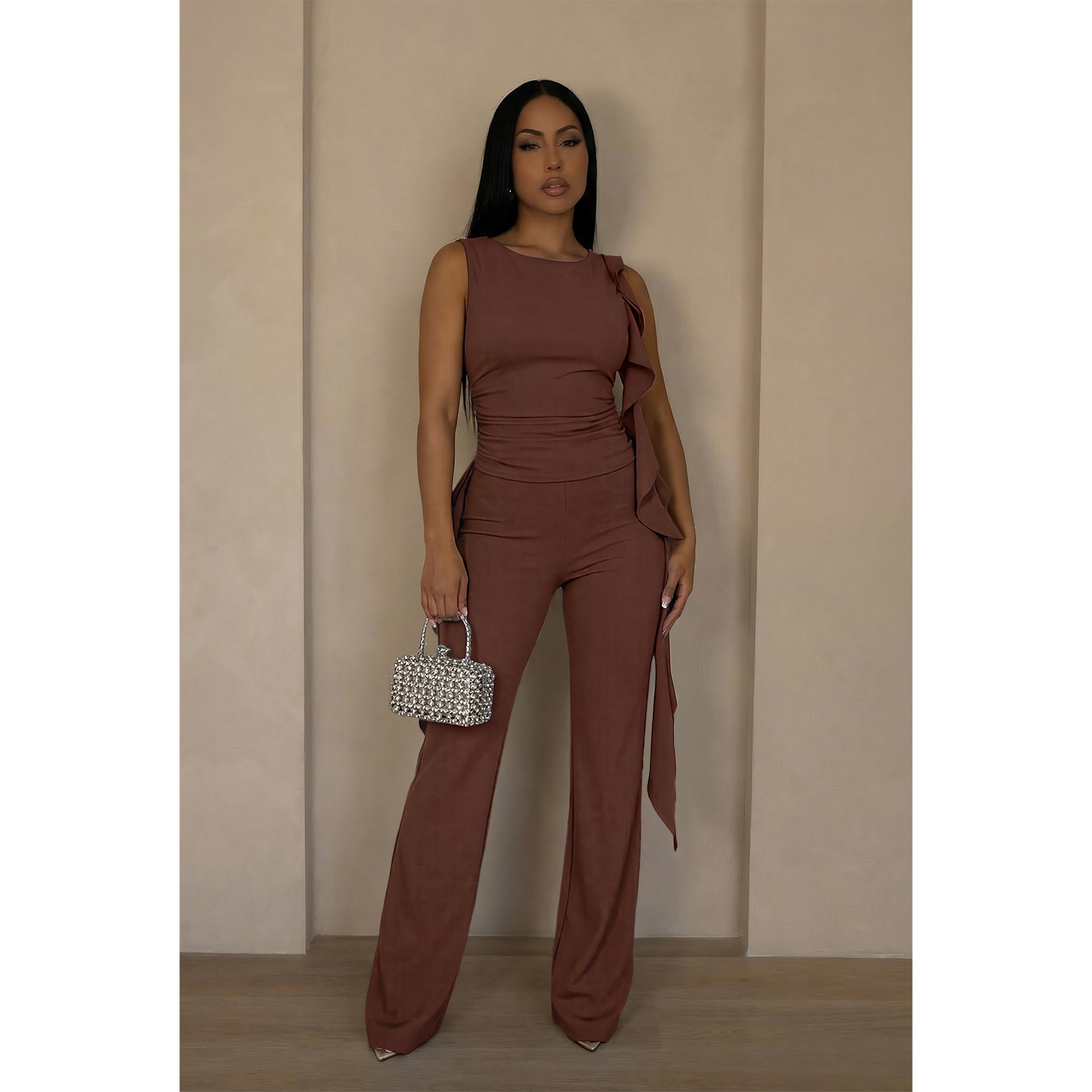 Lace-Up Ruffle Ruched Tank & Bell-Bottom Pants Set