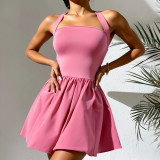 Women Pink Square Neck Backless Sleeveless A-Line Dress