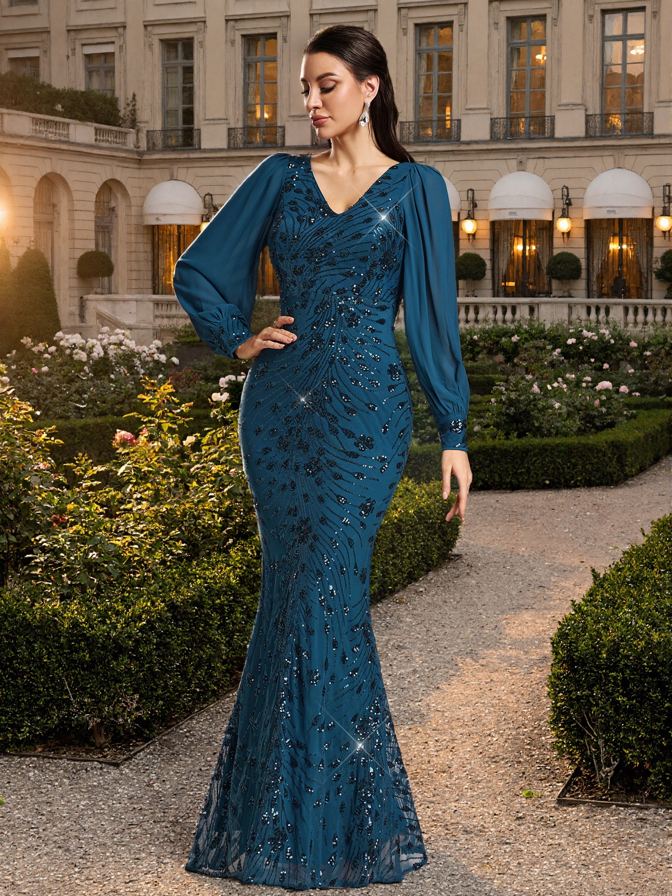 Women Spring/Autumn V-Neck Long-Sleeve Mesh Sequin Mermaid Evening Dress