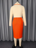 Plus Size Women Colorblock Turn-Down Collar Slim-Waist Bodycon Dress