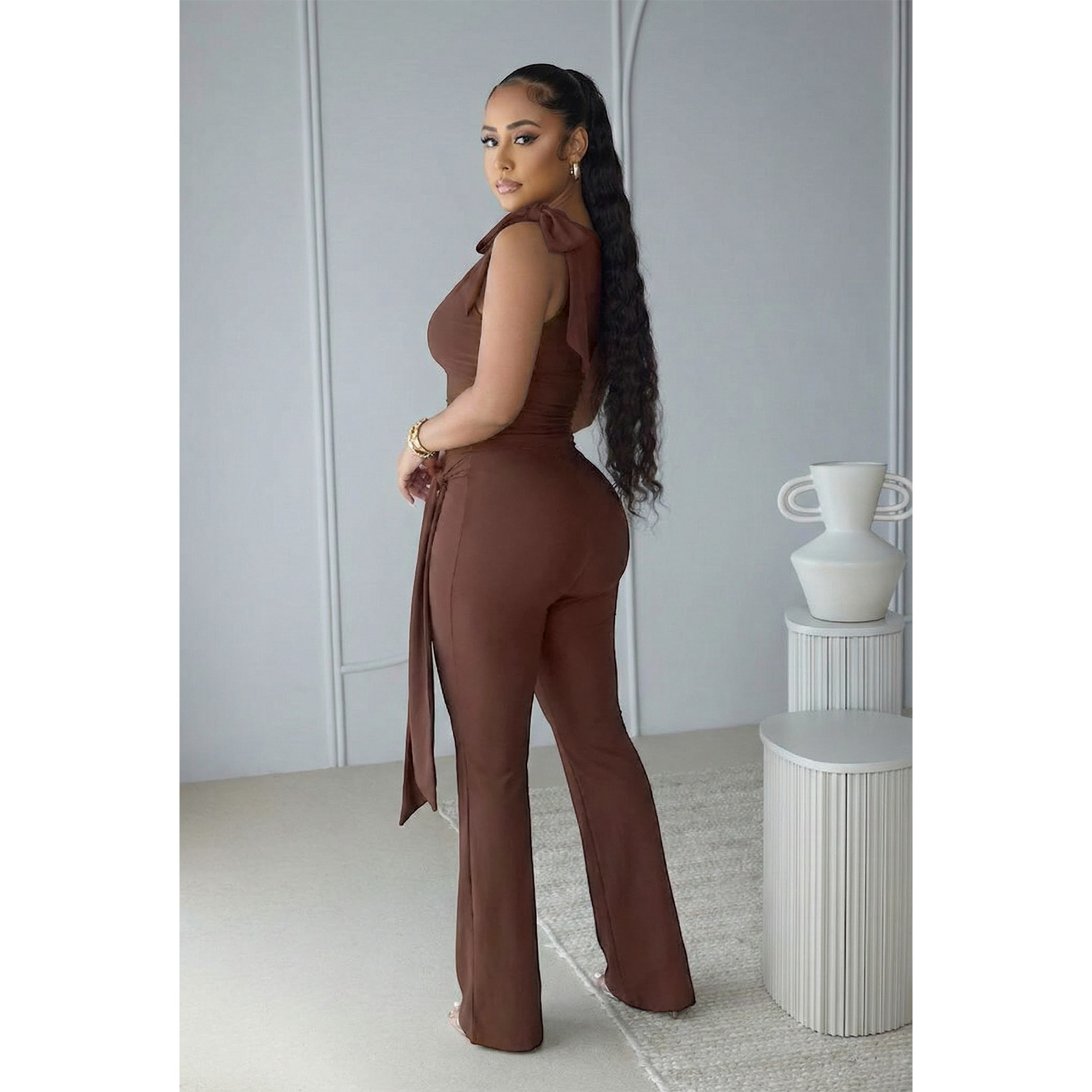 Lace-Up Ruffle Ruched Tank & Bell-Bottom Pants Set