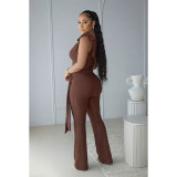 Women Lace-Up Ruffle-Edge Ruched Tank with Bell-Bottom Pants Set