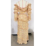 Women Chiffon Long-Sleeve Top and Floral Slit Skirt Beach Holidays Two Pieces