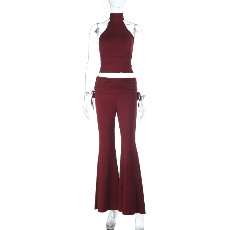 Women Halter Neck Sexy Low-Back Slim-Fit Top and Trousers Set