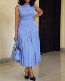 Women Summer Sleeveless High-Waist Ruched Slim Solid Maxi Dress