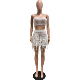 Summer Women Knitted Crochet Tassel Lace-Up Cutout Strap Sexy Skirt Set
