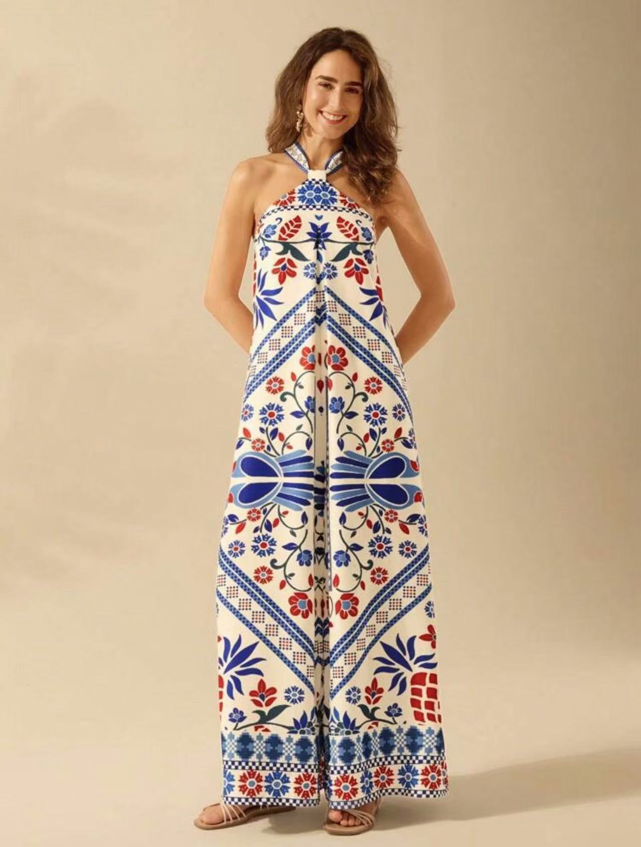 Women Printed Chic Halter Neck Sleeveless Wide-Leg Jumpsuit