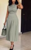 Women Summer Sleeveless High-Waist Ruched Slim Solid Maxi Dress