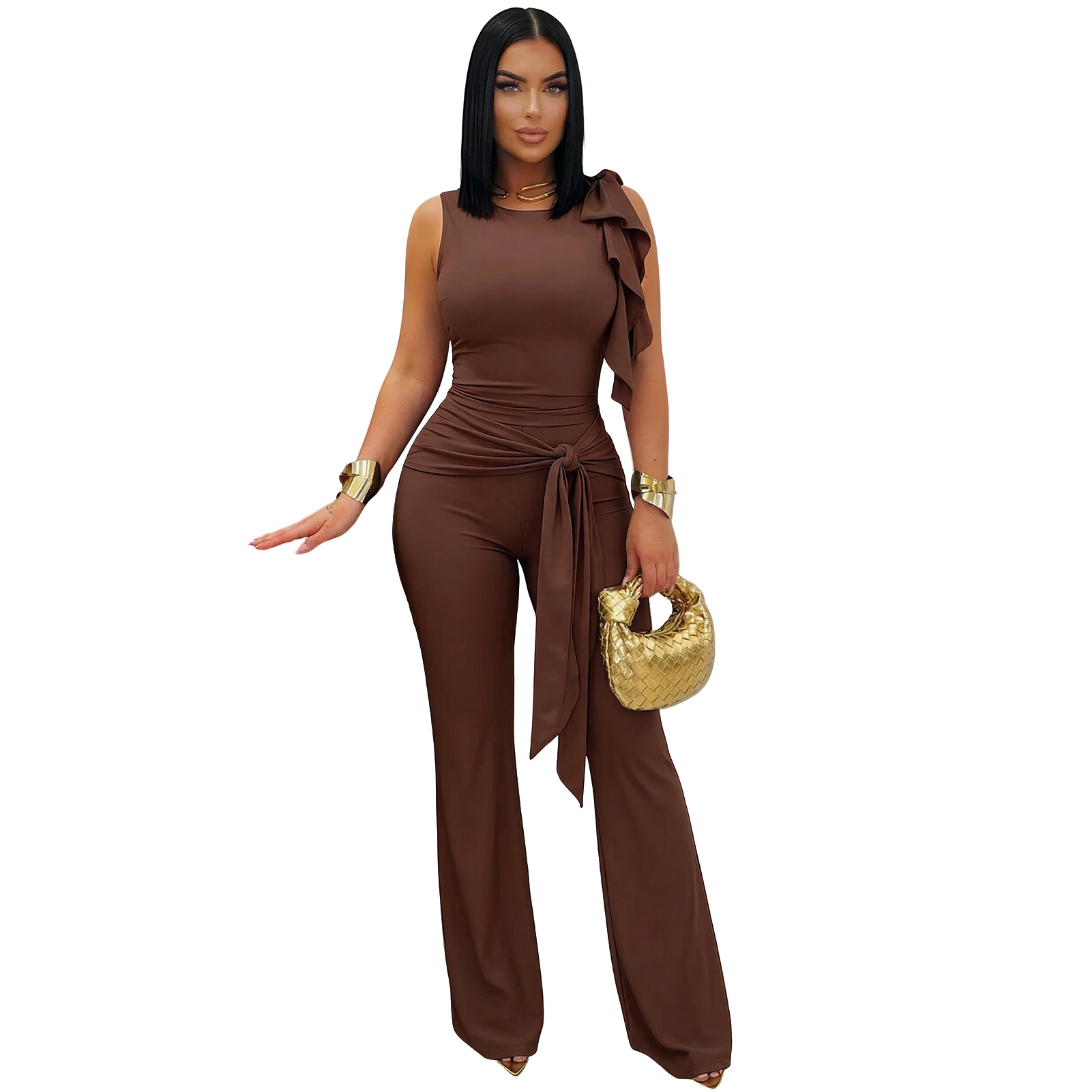 Lace-Up Ruffle Ruched Tank & Bell-Bottom Pants Set