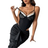 Women See-Through Mesh Patchwork Lace Low-Back Corset-Style Cami Top