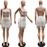 Summer Women Knitted Crochet Tassel Lace-Up Cutout Strap Sexy Skirt Set