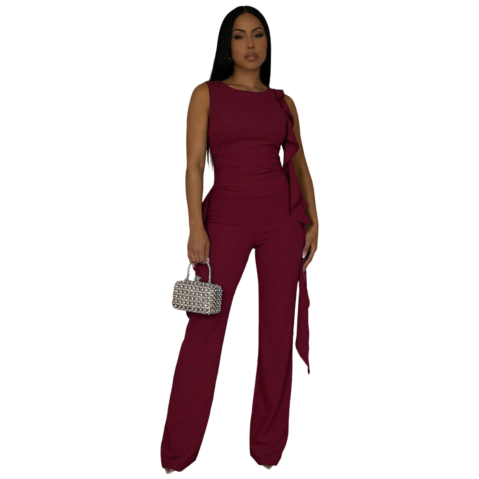 Lace-Up Ruffle Ruched Tank & Bell-Bottom Pants Set