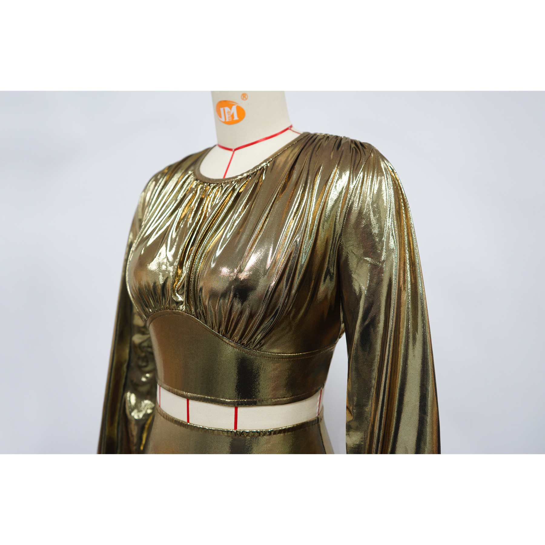 Women Round-Neck Lantern-Sleeve Slim-Waist Flared Skirt Set