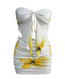 Women Summer Sexy Strapless Top and Gathered Skirt Two-Piece Set