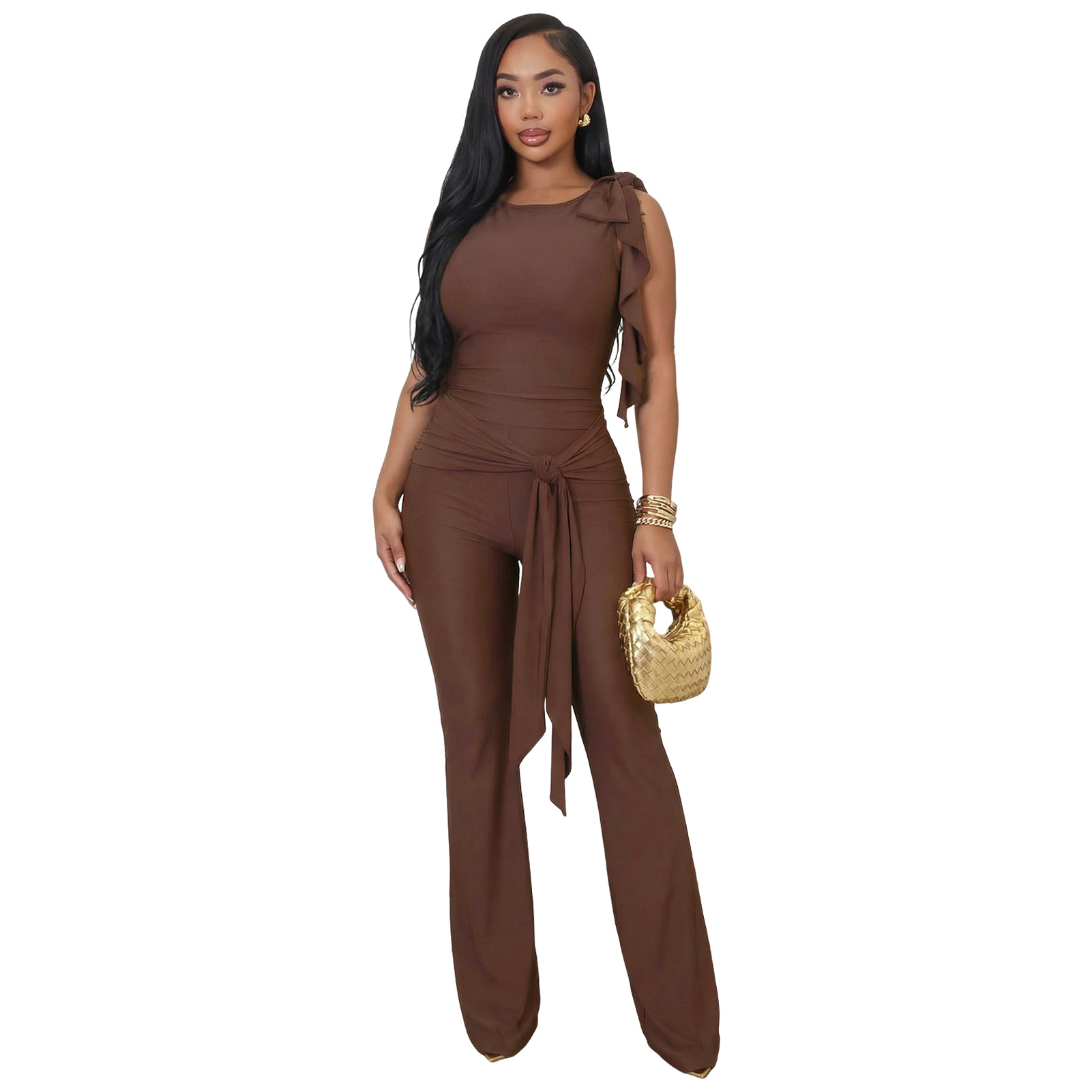 Lace-Up Ruffle Ruched Tank & Bell-Bottom Pants Set
