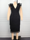Plus Size Women Ruffle-Sleeve Tassel V-Neck Slim-Waist Bodycon Dress