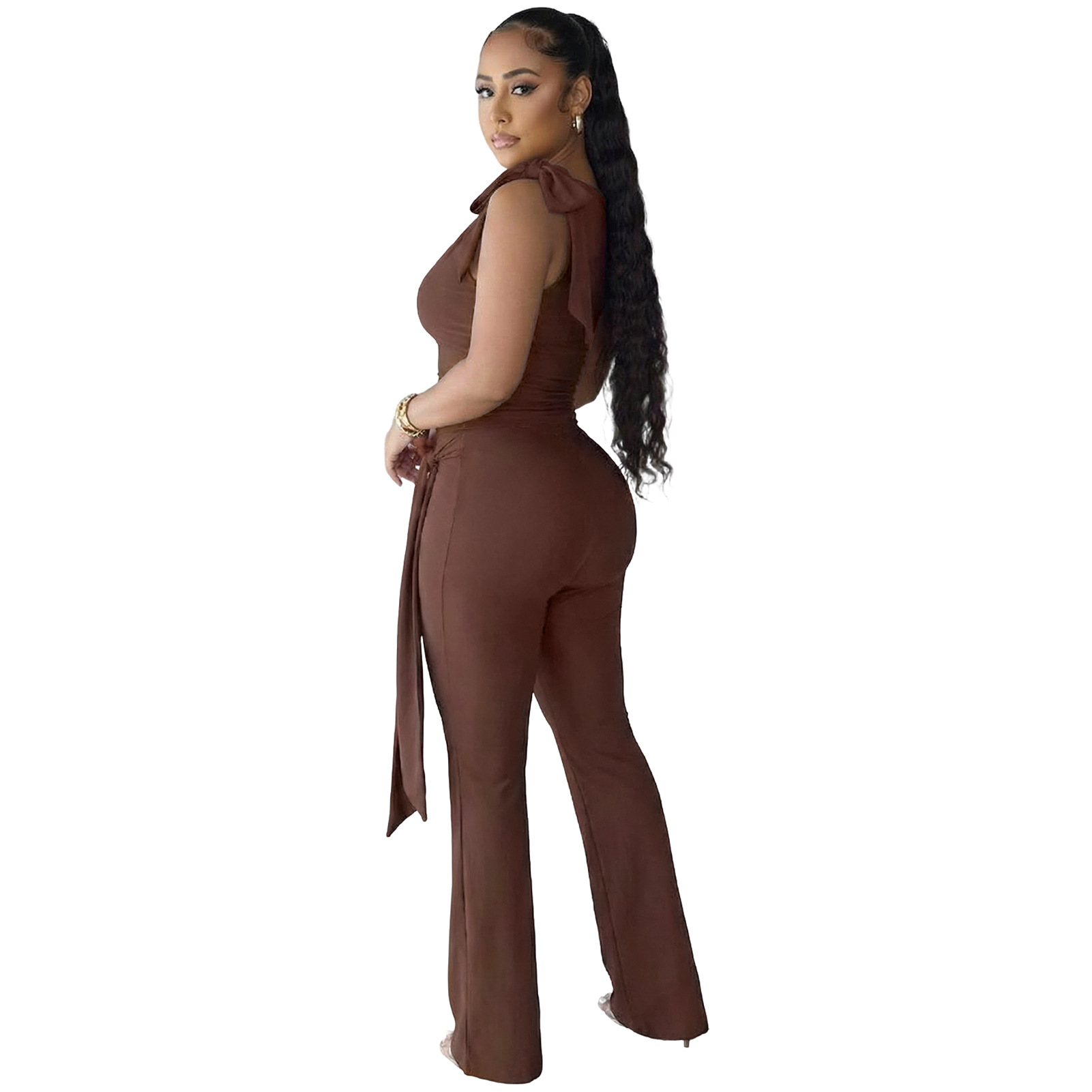 Lace-Up Ruffle Ruched Tank & Bell-Bottom Pants Set