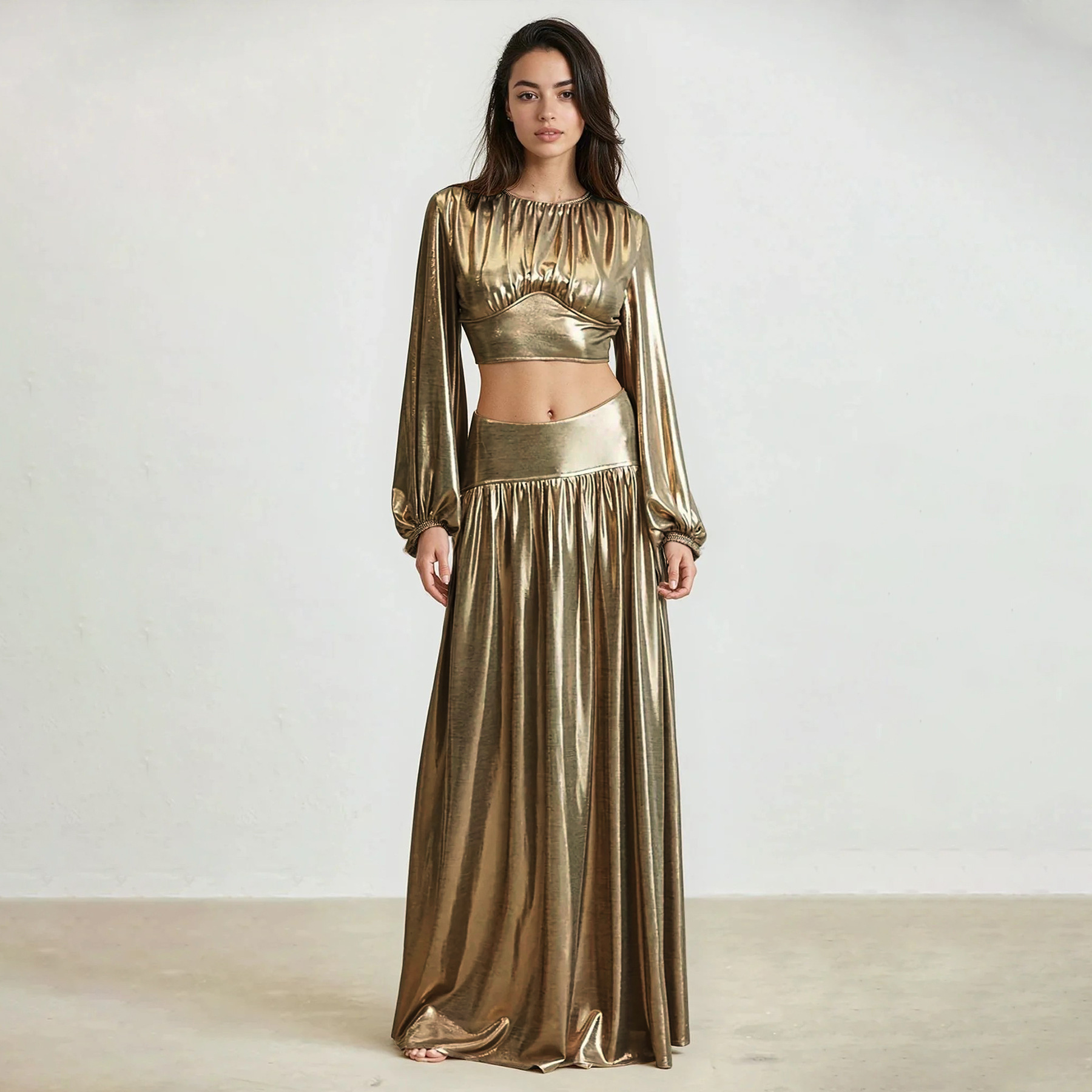 Women Round-Neck Lantern-Sleeve Slim-Waist Flared Skirt Set