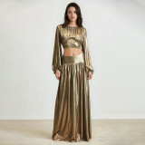 Women Round-Neck Lantern-Sleeve Slim-Waist Flared Skirt Set