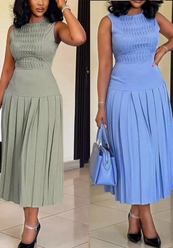 Women Summer Sleeveless High-Waist Ruched Slim Solid Maxi Dress