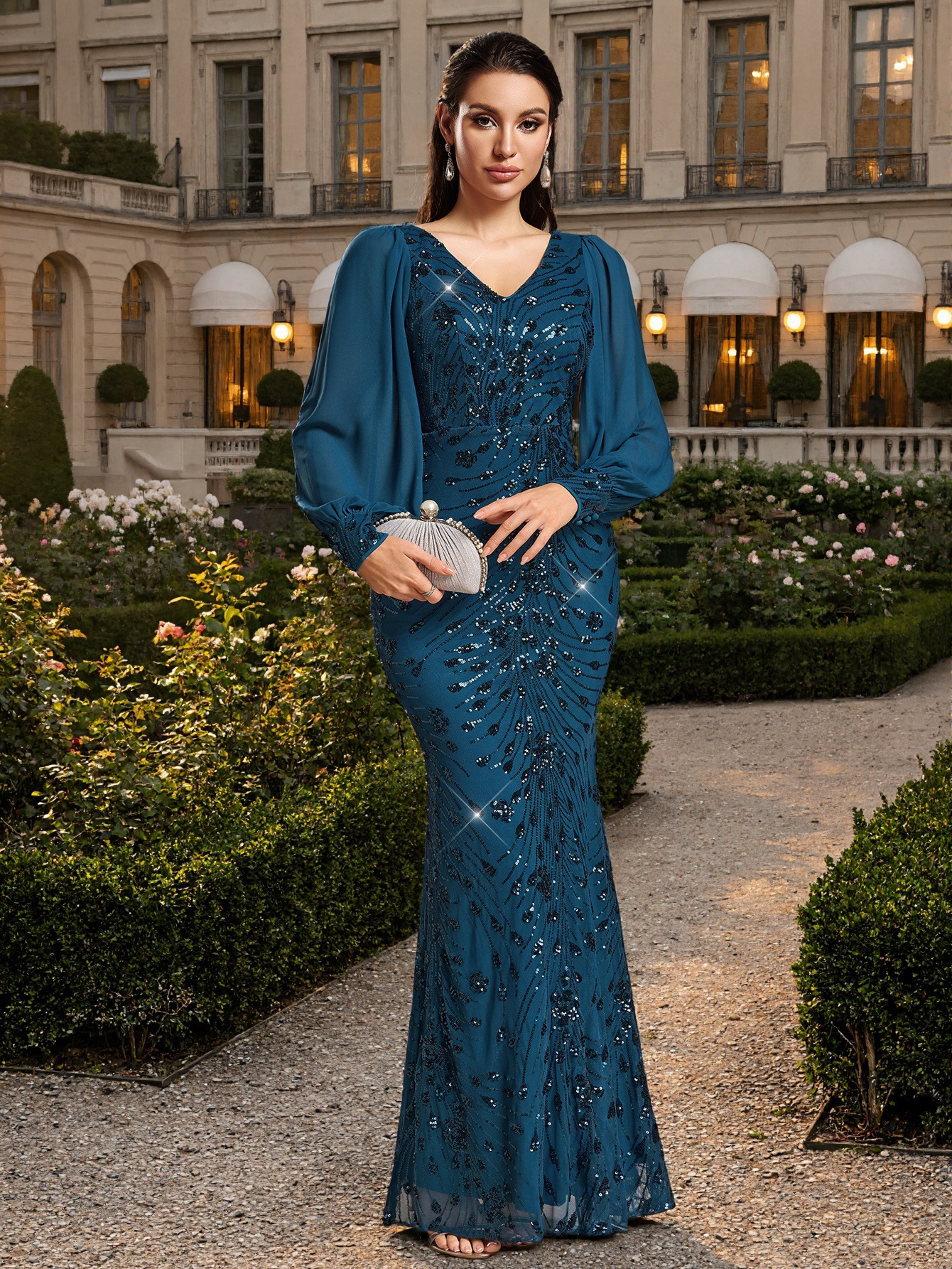 Women Spring/Autumn V-Neck Long-Sleeve Mesh Sequin Mermaid Evening Dress