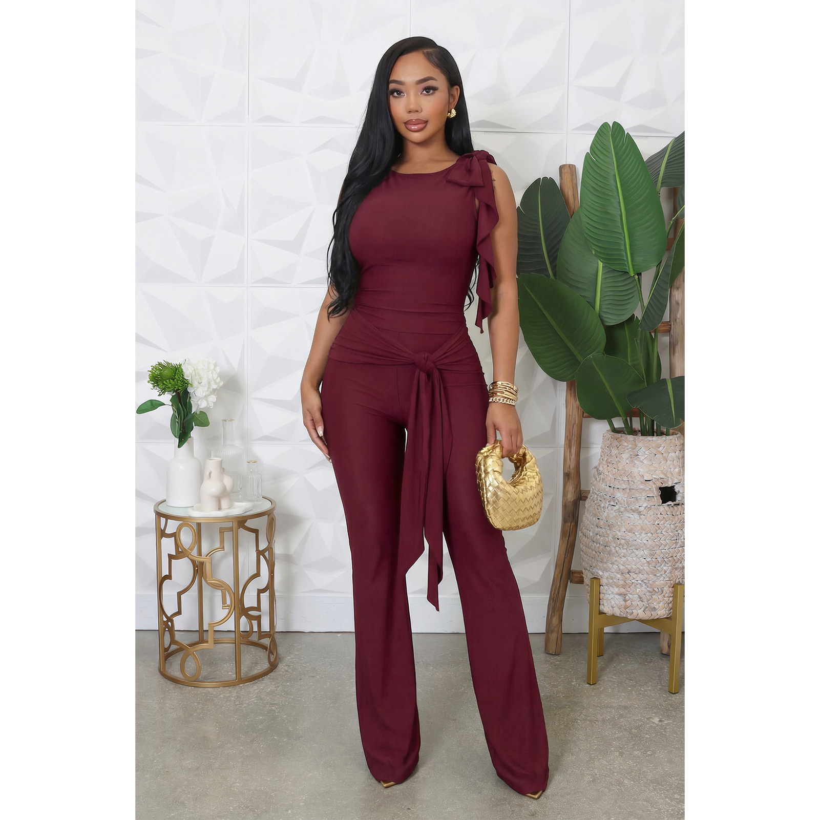 Lace-Up Ruffle Ruched Tank & Bell-Bottom Pants Set