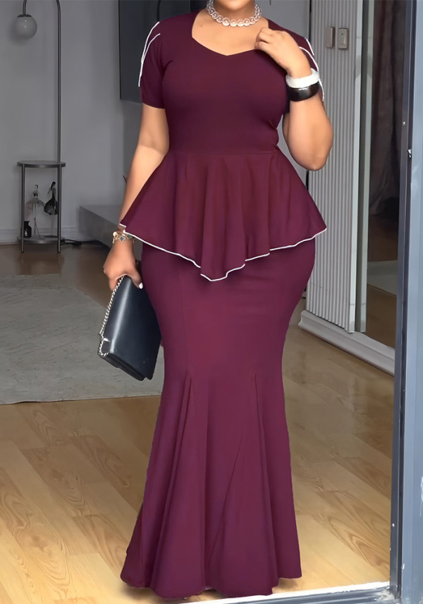 Women Casual Elegant Slim-Waist Short-Sleeve Mermaid Dress