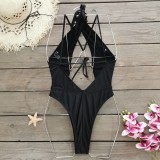 Women Solid Cutout Cross Lace-Up One-Piece Bikini