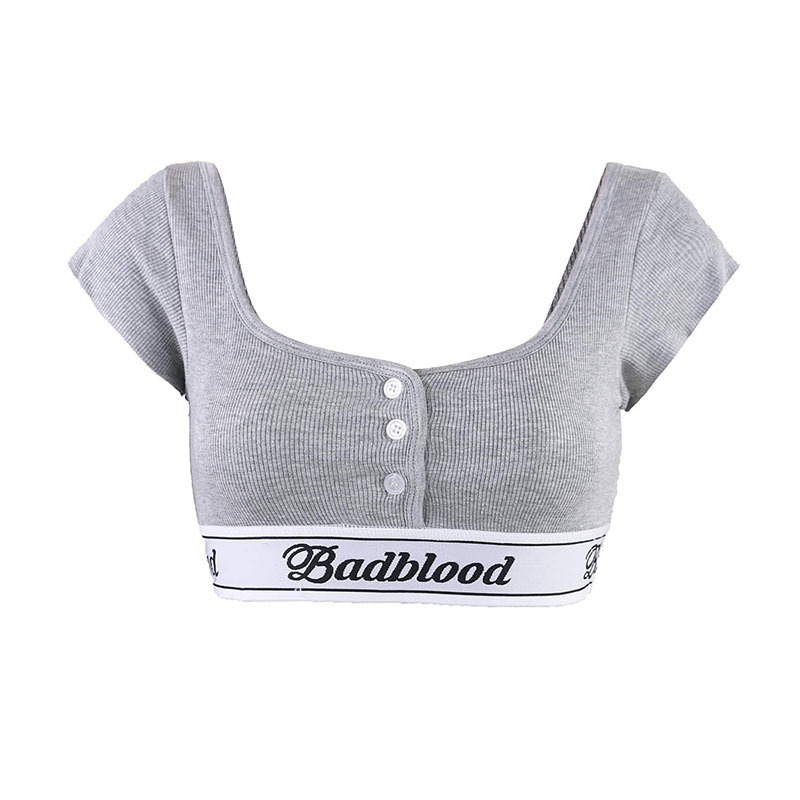 Women Short-Sleeve Crop Dance Yoga Buttoned Square-Neck T-Shirt with Triangle Briefs