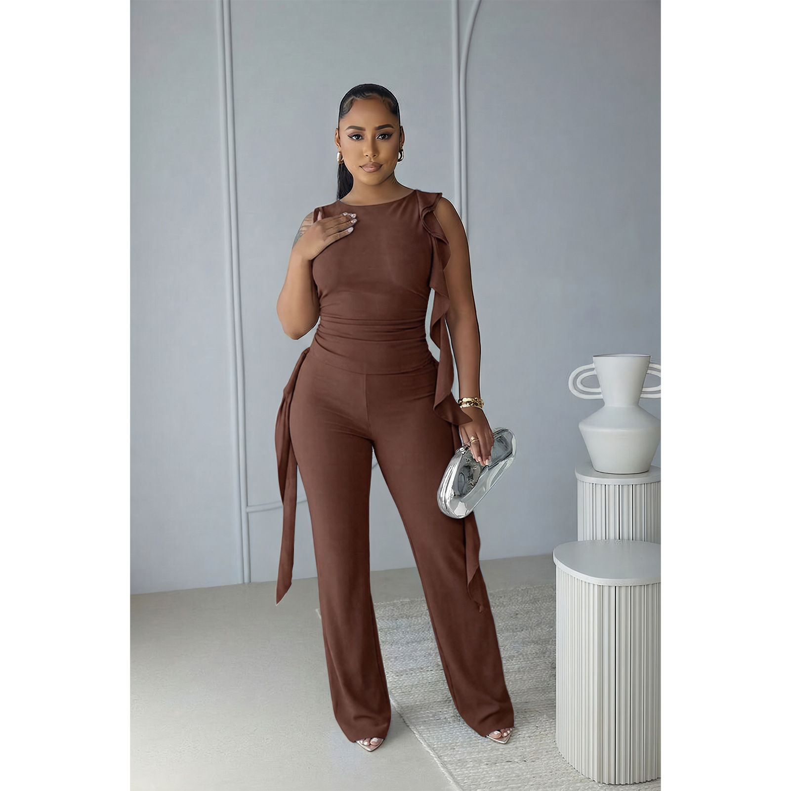 Lace-Up Ruffle Ruched Tank & Bell-Bottom Pants Set
