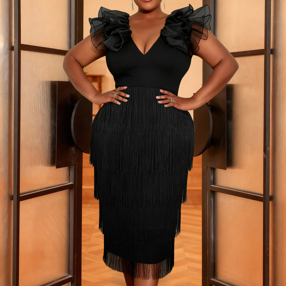 Plus Size Women Ruffle-Sleeve Tassel V-Neck Slim-Waist Bodycon Dress