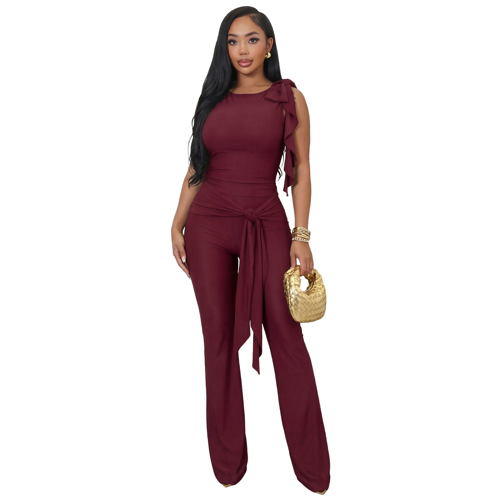 Lace-Up Ruffle Ruched Tank & Bell-Bottom Pants Set