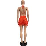 Summer Women Knitted Crochet Tassel Lace-Up Cutout Strap Sexy Skirt Set