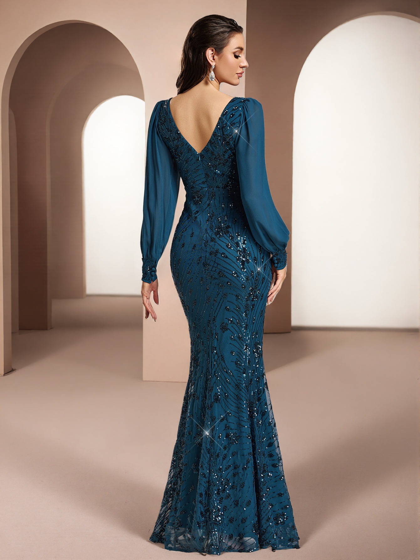 Women Spring/Autumn V-Neck Long-Sleeve Mesh Sequin Mermaid Evening Dress