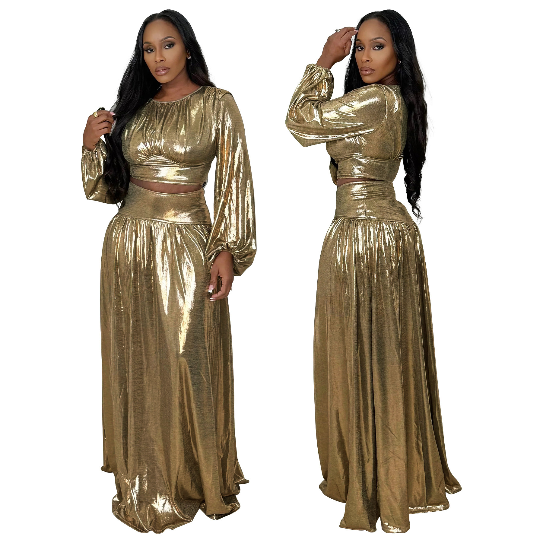 Women Round-Neck Lantern-Sleeve Slim-Waist Flared Skirt Set