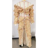 Women Chiffon Long-Sleeve Top and Floral Slit Skirt Beach Holidays Two Pieces