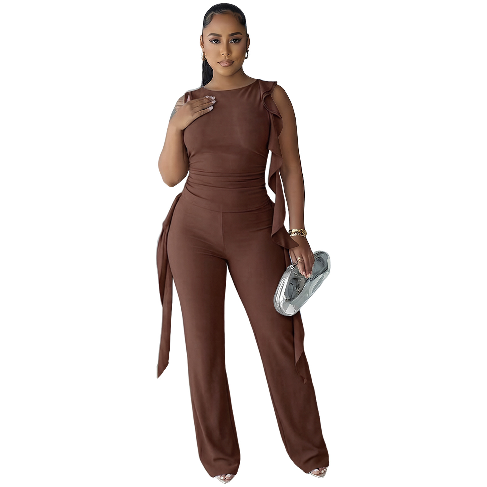 Lace-Up Ruffle Ruched Tank & Bell-Bottom Pants Set