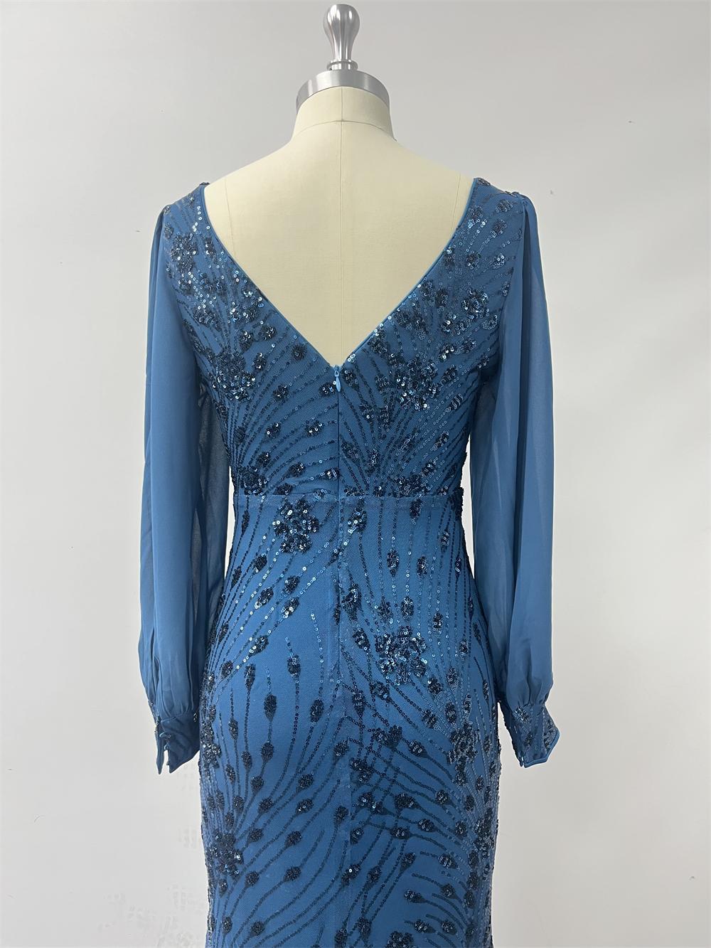 Women Spring/Autumn V-Neck Long-Sleeve Mesh Sequin Mermaid Evening Dress