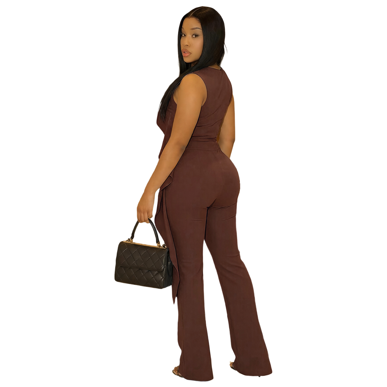 Lace-Up Ruffle Ruched Tank & Bell-Bottom Pants Set