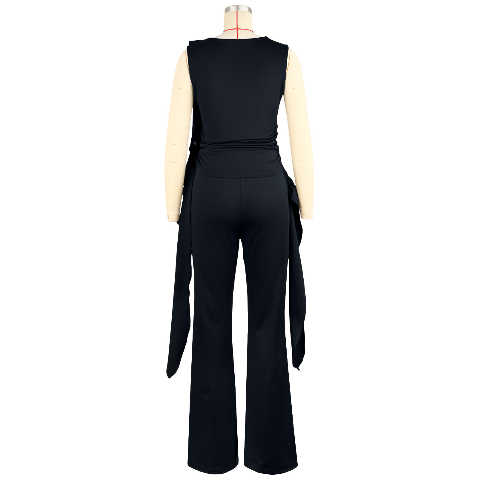 Lace-Up Ruffle Ruched Tank & Bell-Bottom Pants Set