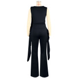 Women Lace-Up Ruffle-Edge Ruched Tank with Bell-Bottom Pants Set