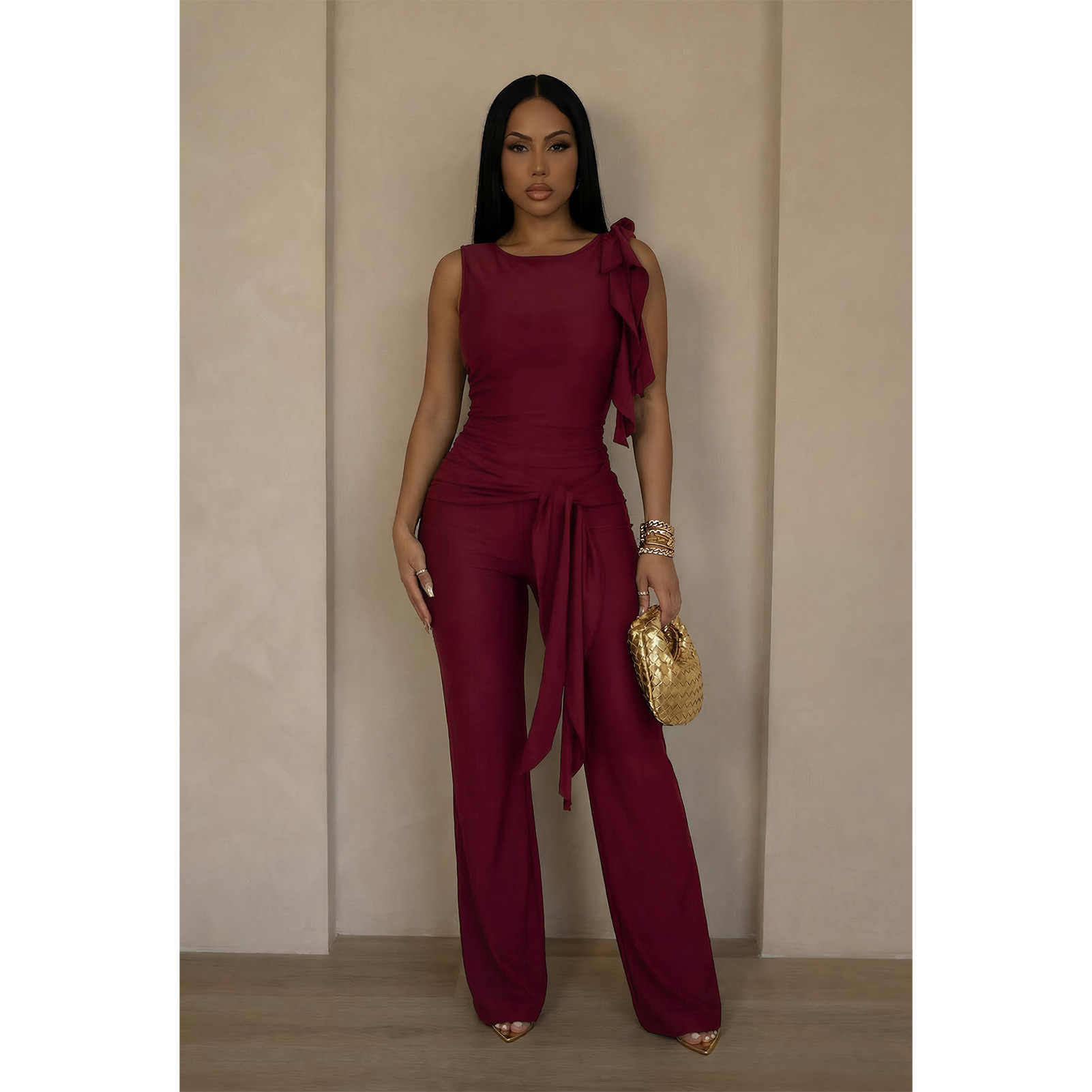 Lace-Up Ruffle Ruched Tank & Bell-Bottom Pants Set
