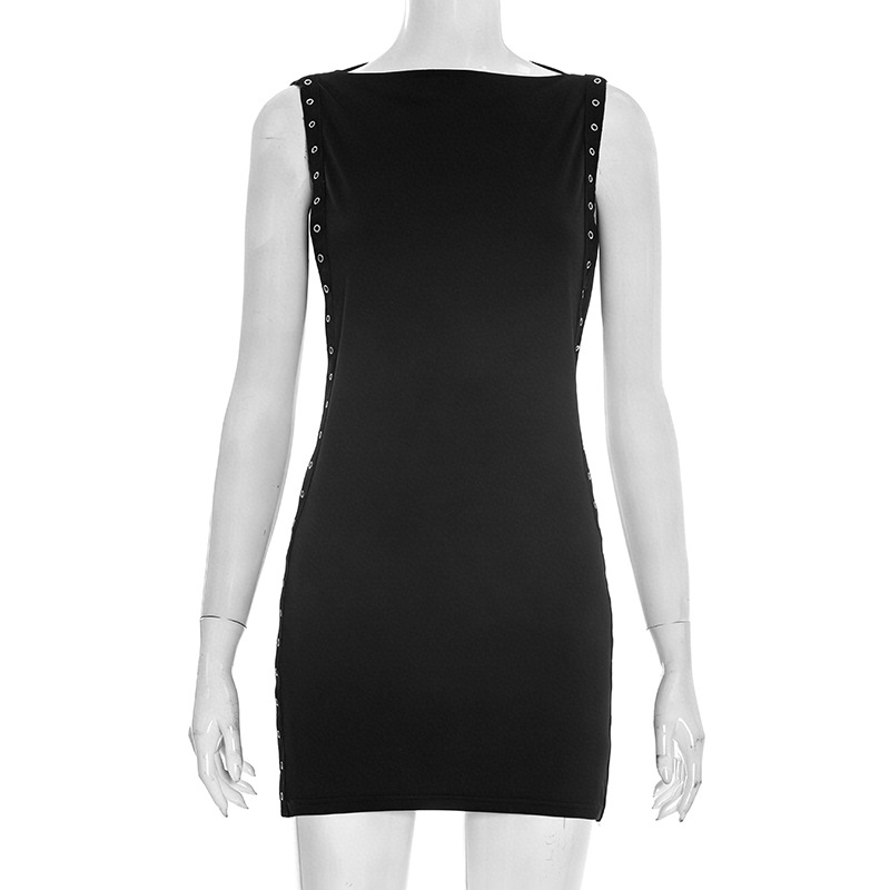 Women Summer Solid Casual Round-Neck Cutout Sexy Sleeveless Short Dress