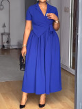 Women Casual Career Slim Short-Sleeve Turn-Down Collar A-Line Dress