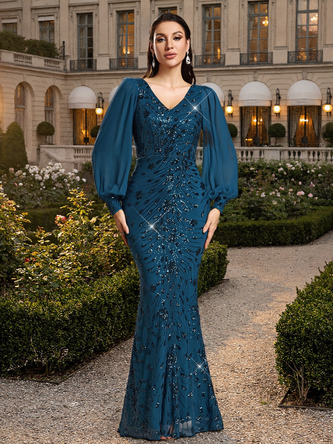 Women Spring/Autumn V-Neck Long-Sleeve Mesh Sequin Mermaid Evening Dress
