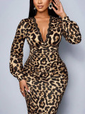 Women Leopard Print Long-Sleeve Slash V-Neck Dress