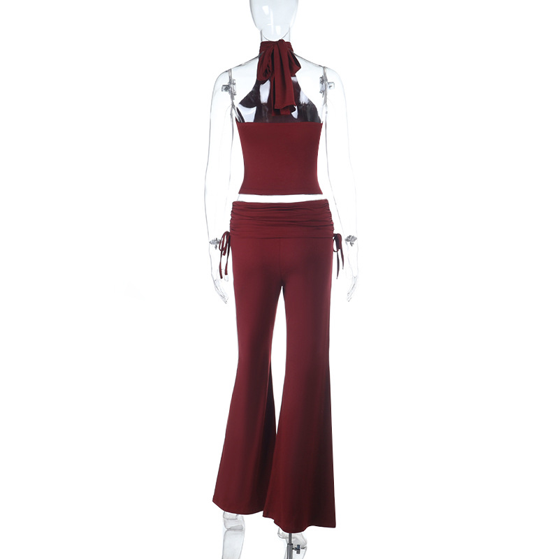 Women Halter Neck Sexy Low-Back Slim-Fit Top and Trousers Set