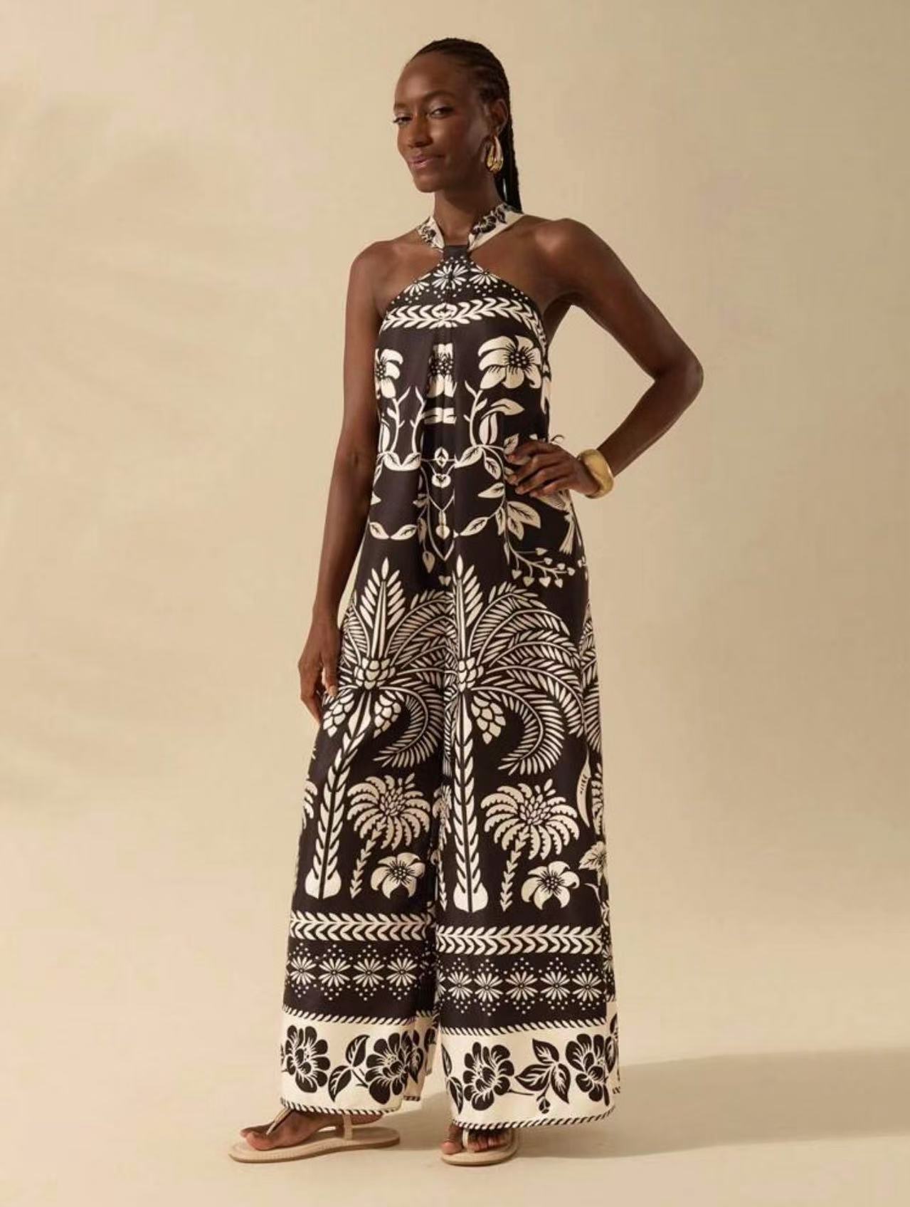 Women Printed Chic Halter Neck Sleeveless Wide-Leg Jumpsuit