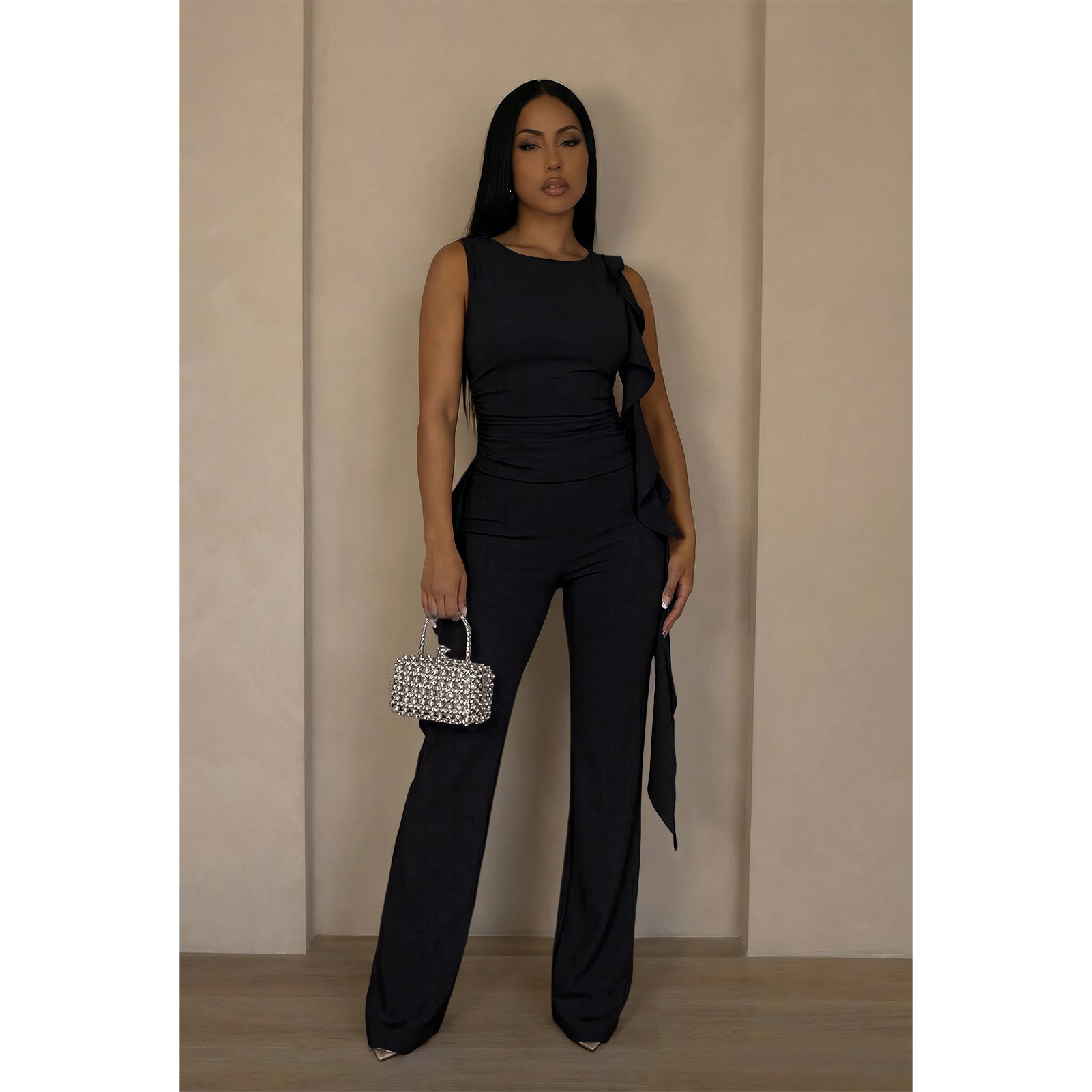 Lace-Up Ruffle Ruched Tank & Bell-Bottom Pants Set