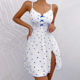 Women Heart-Print Slit Strap Nightdress Sleepwear Outdoor Wear